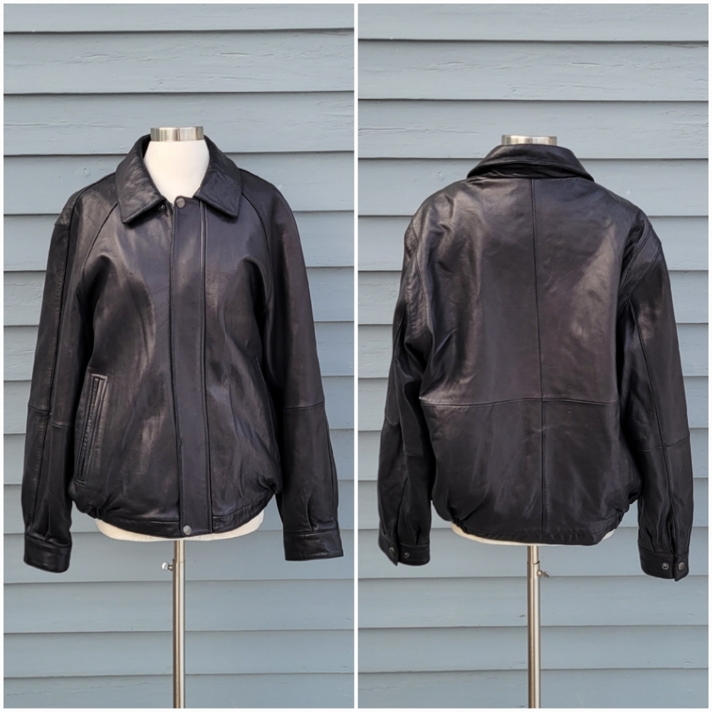 Vintage 90s y2k Claiborne Buttery Soft Black Lambskin‎ Leather Bomber Jacket Lg